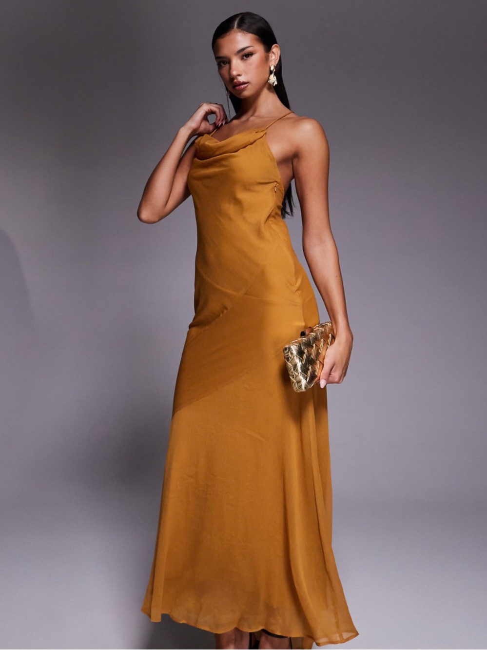 ASOS Mustard Slip Maxi Dress with Cowl Neck